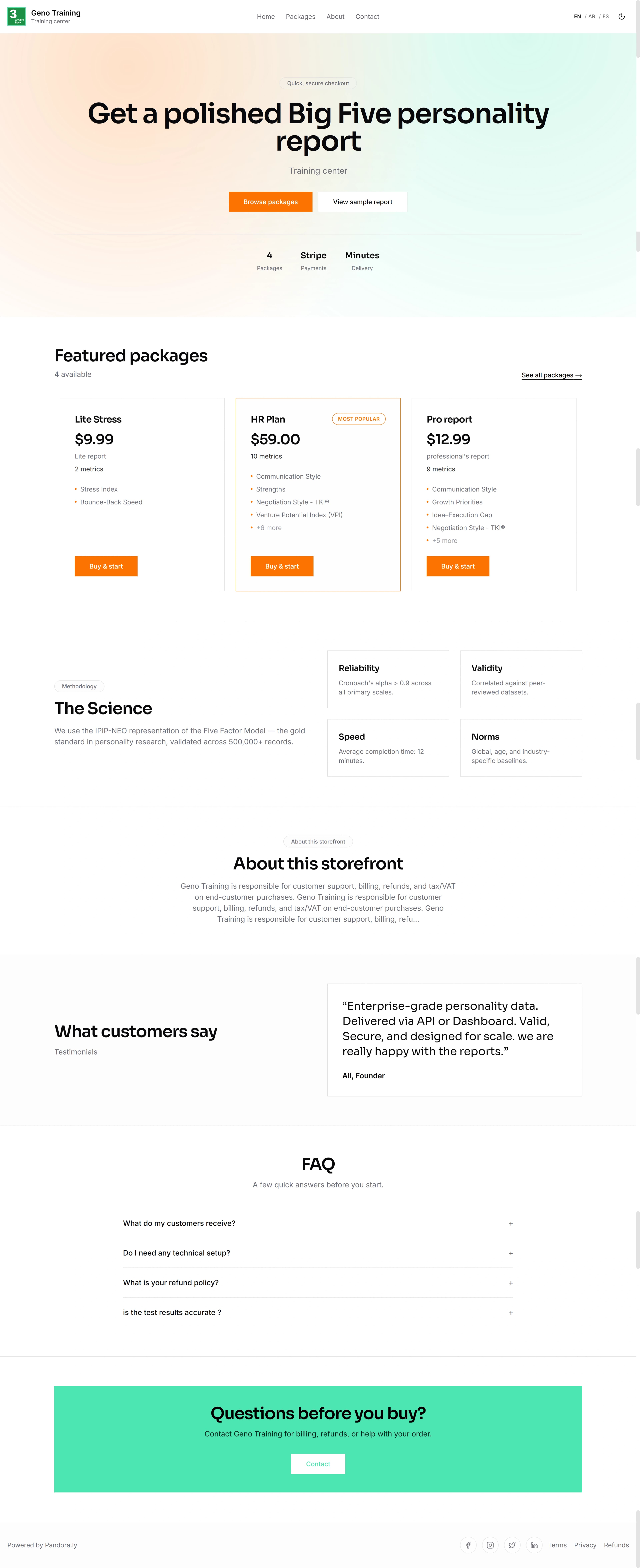 An example Pandora reseller storefront